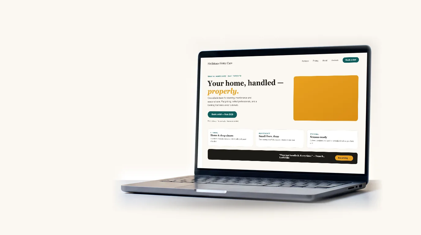 A laptop showing a service-business website, redesigned from a cluttered template into a clear, structured page.